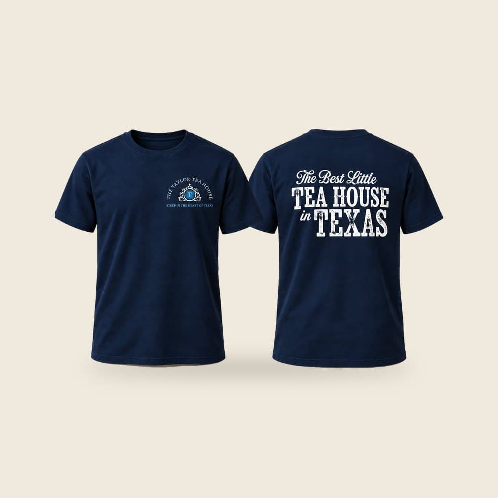 The Best Little Tea House in Texas tee in navy, product mockup