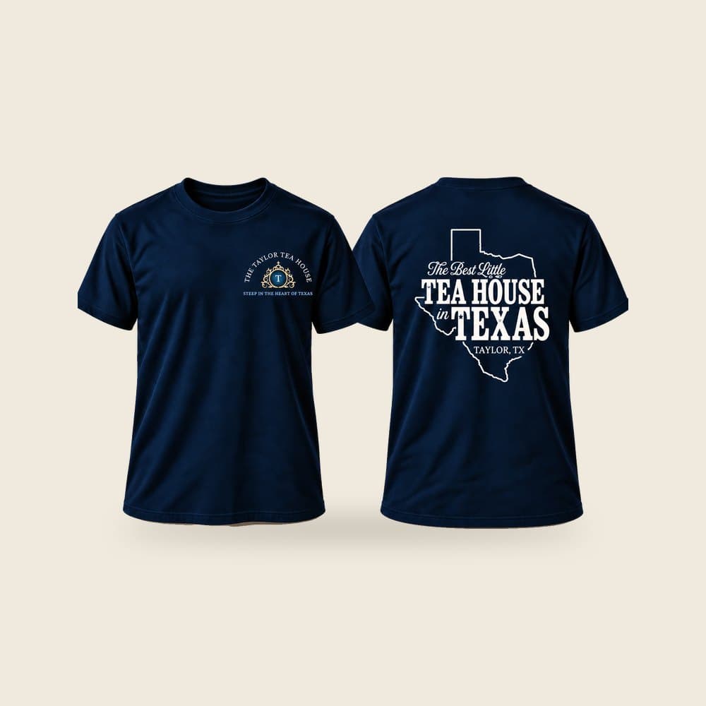 The Best Little Tea House in Texas tee, texas outline in navy, product mockup