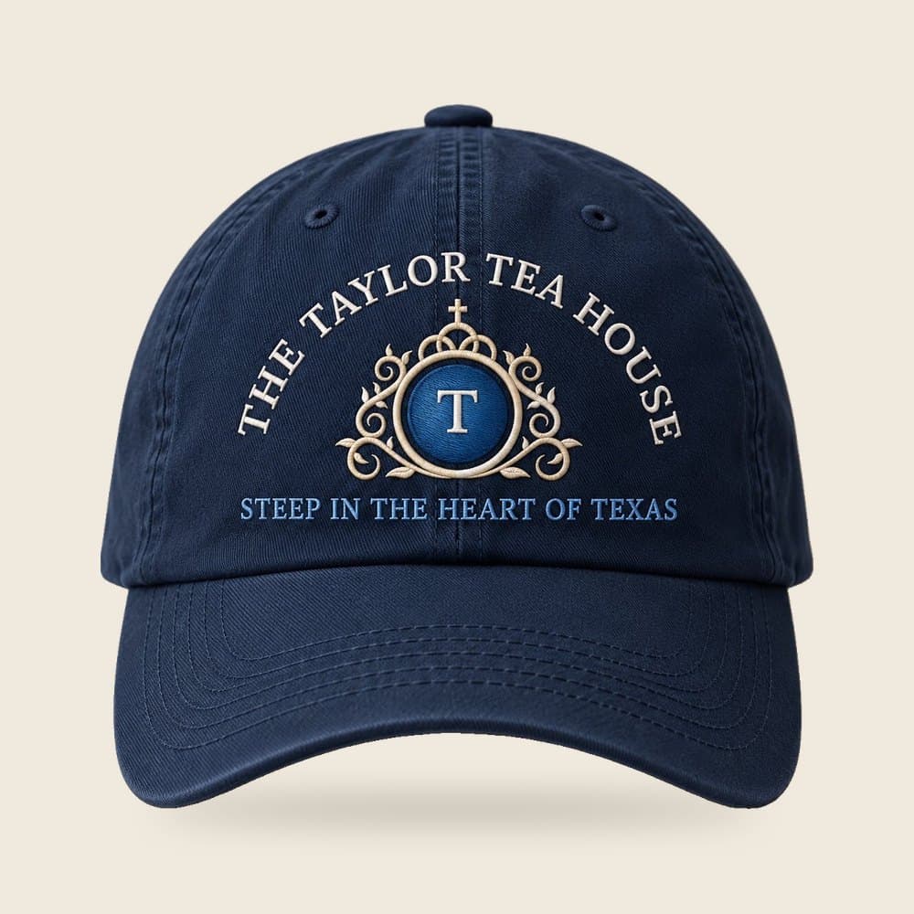 The Taylor Tea House Cap embroidered crest in navy, product mockup