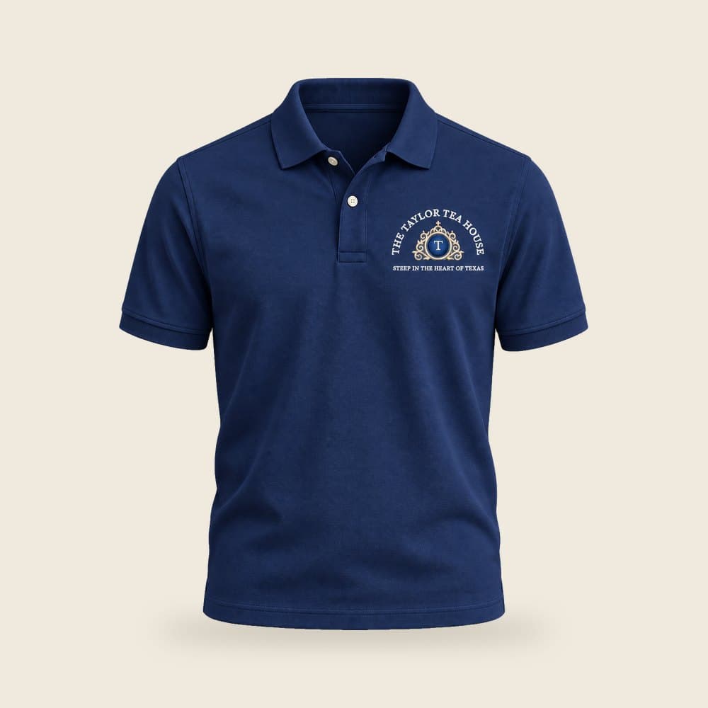 The Taylor Tea House Polo embroidered crest in navy, product mockup